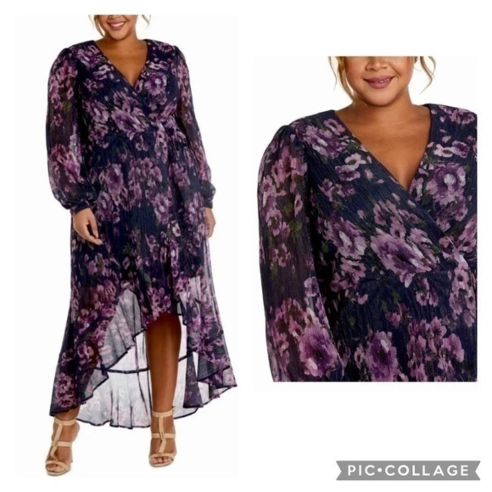 NIGHTWAY Purple Navy Tie Blouson Long Sleeve formal dress size 20W